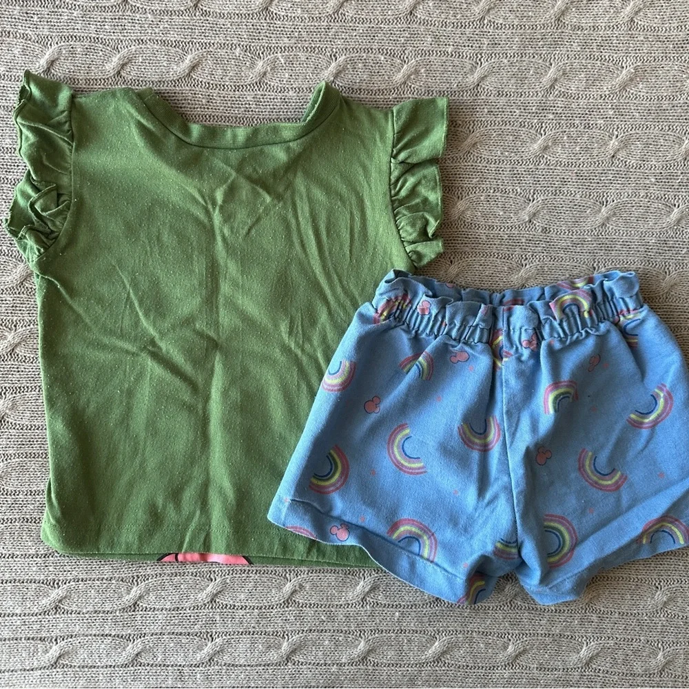 EUC Disney Baby Girl Outfit Set, Minnie Mouse Green, Blue, & Rainbows, 24 Months